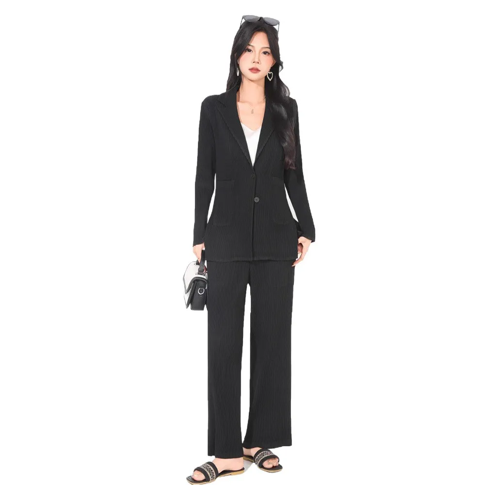 Miyake's New Spring Pleated Women's Fashion Suit Temperament Two-piece Long-sleeved Blazer Plisse Versatile Straight-leg Pants