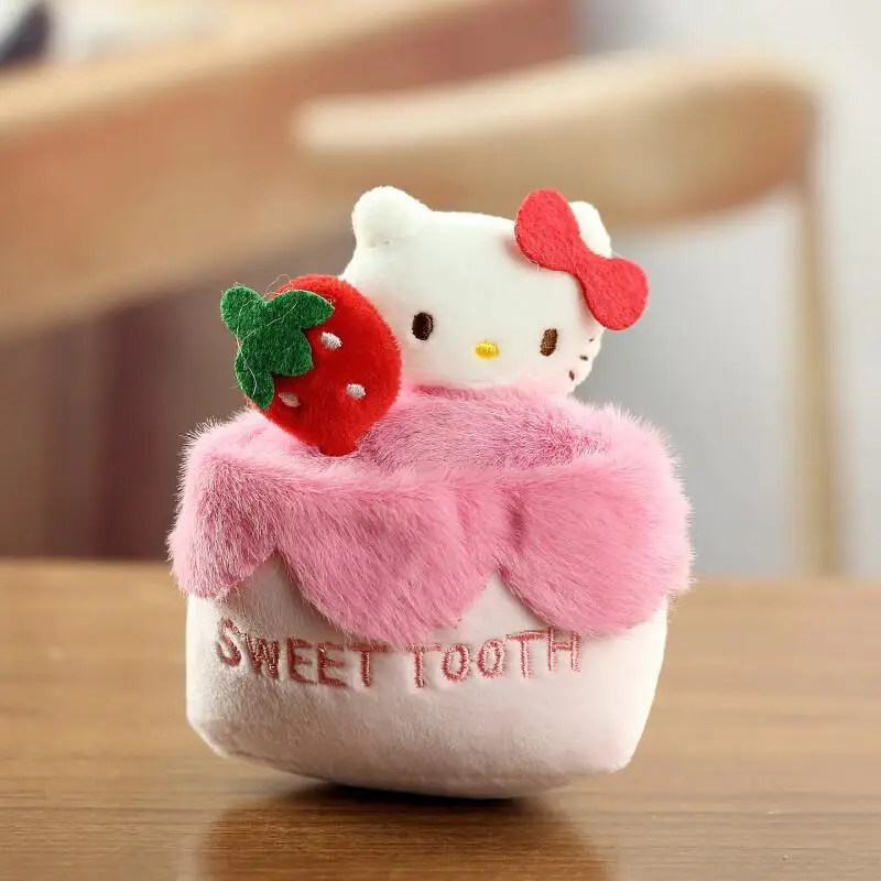 New Hello Kitty Cake Plush Pendant, Cute Cartoon Strawberry Cherry Mini Bag Pendant Keychain, Soft Plush Doll view 6