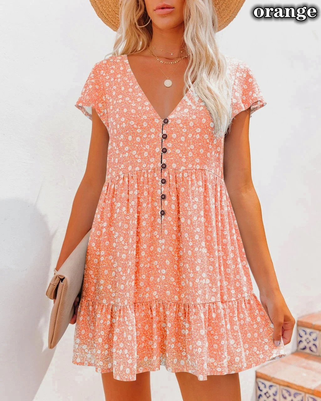 Summer Lady Doll Dress Fashion Casual Loose Sexy V-neck Short Sleeve Sleeve Sleeve Wave Point Mini Dress