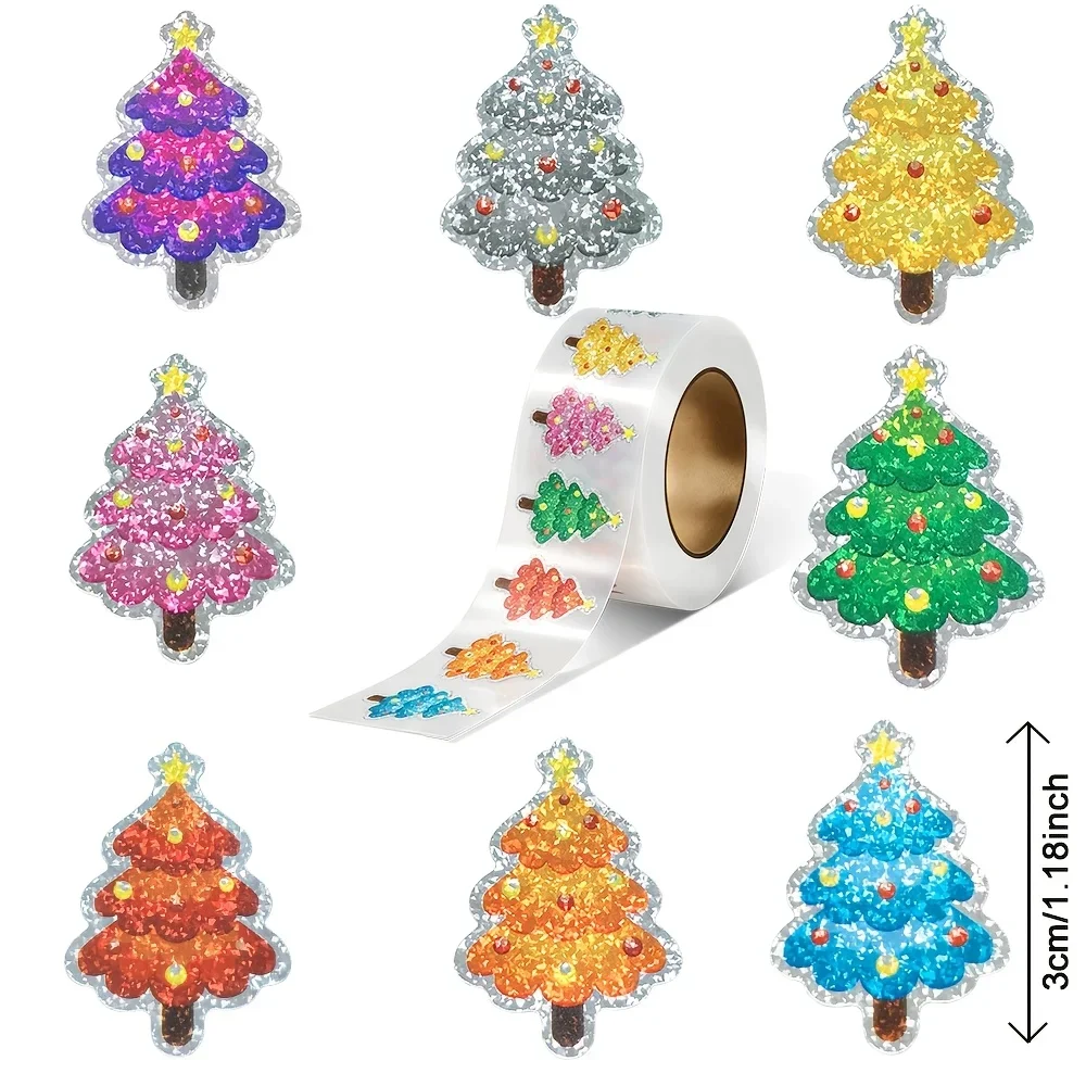 300pcs/1roll Laser Self-adhesive Stickers Christmas Stickers Christmas Tree Stickers Scrapbooking Decals and Decorative Stickers