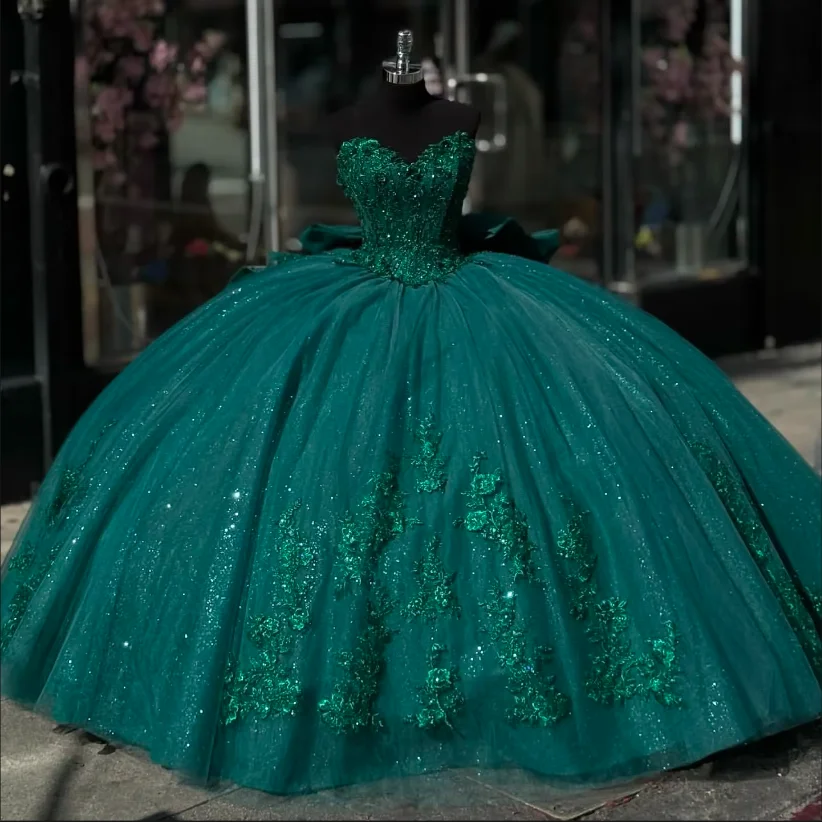 ANGELSBRIDEP Shiny Emerald Green Princess Quinceanera Dresses Appliqued Quinceanera Prom Ball Gown Sequins Vestido De Customized