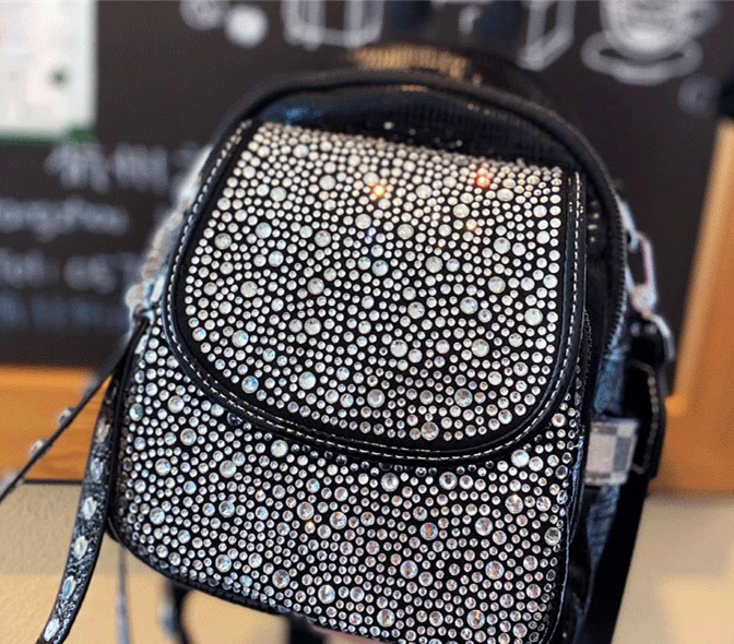 High Quality Female Fashion Artificial Leather Rhinestone Everyday Daypack Lady Travel Black Convertible Backpack Shoulder Bag