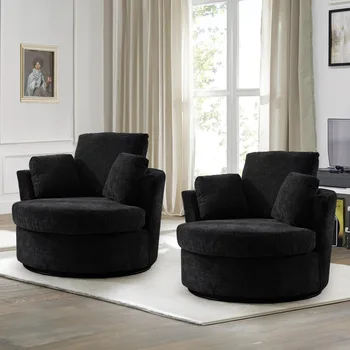 Image Swivel Barrel Chair Set of 2, 40'' W Chenille Round Swivel Chair, 360° Oversized Accent Chair,  Single Sofa Living Room Chair