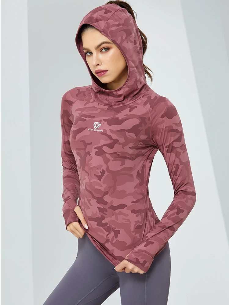 Wysokiej jakości damska z kapturem T Shirt kamuflaż z długim rękawem Thumb Hole Running Tees dziewczyny siłownia koszulki treningowe bluzy z kapturem — zdjęcie 2