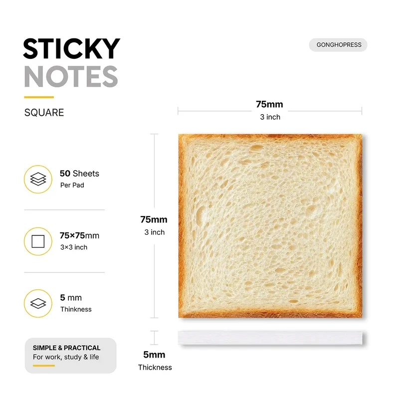 Bread Toast Shaped Sticky Notes 50 Sheets Simulation Food Notepad Bakery Themed Memo Pads for Office School Supplies