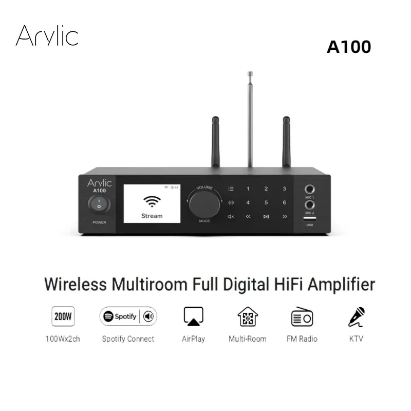 

Arylic A100 100W x 2 Power amplifier music streamer FM radio KTV WiFi, AirPlay, Spotify Connect, Bluetooth wireless streaming