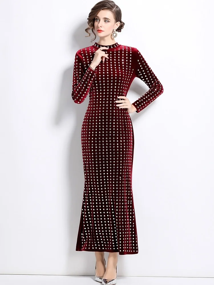 

SMTHMA New Fashion Velvet Luxury Rhinestone Slim Long Dress Women's Stand Collar Full Sleeve Evening Party Dresses