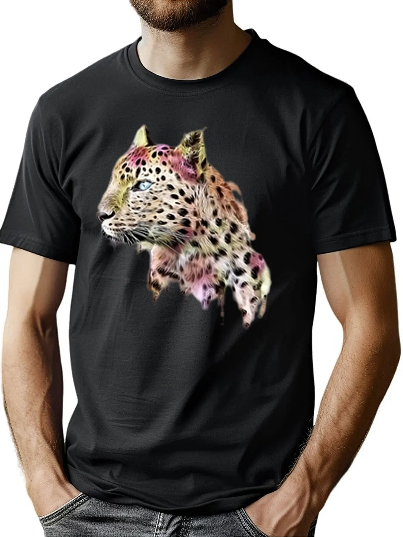 

Men's 100% Cotton Soft Round Neck Tee With Colorful Leopard Head Graphic Print For Casual Outdoor Wear And Christmas Gift Giving