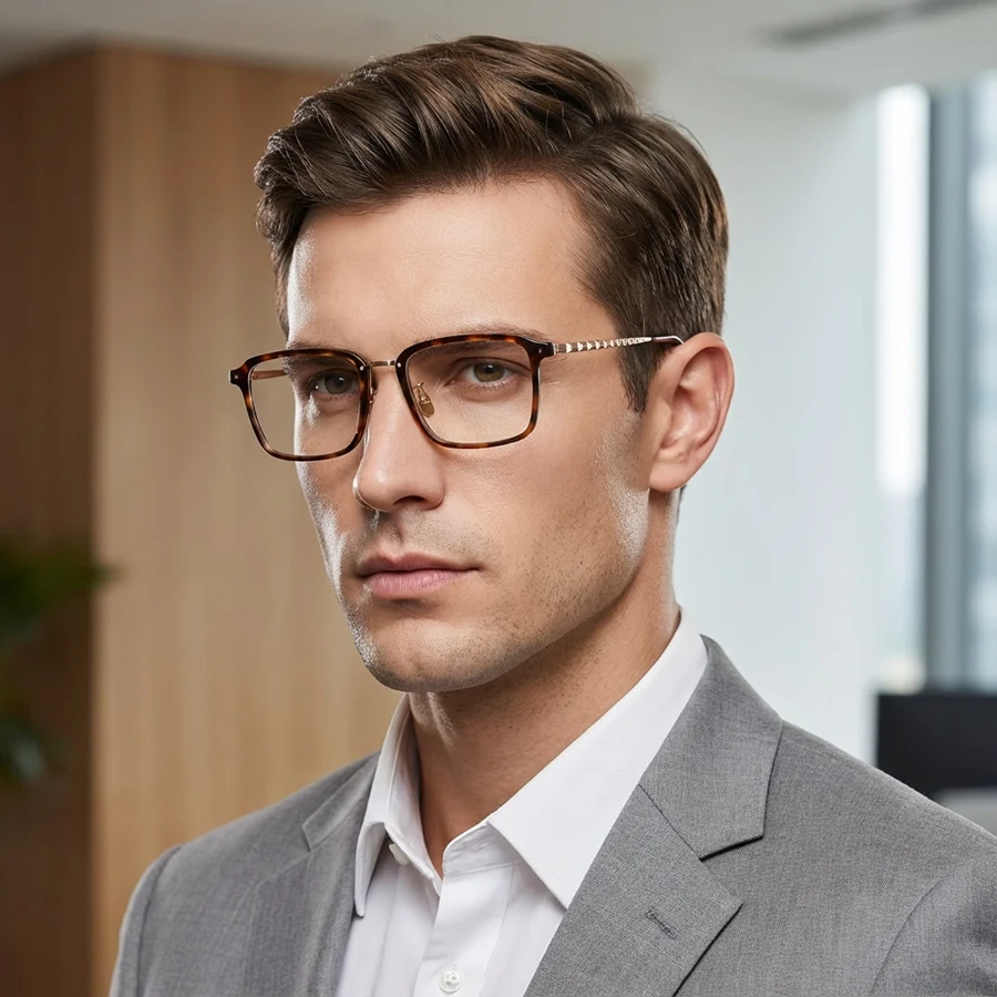 Retro-style rectangular men's eyeglass frames, made of titanium and acetate, with diamond-patterned titanium temples.foster11