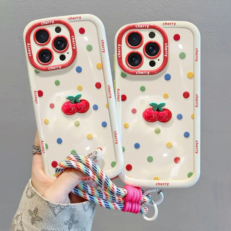 Corda colorata a pois con ciliegia adatta per custodia telefono Apple 17 Pro Max iPhone 15 Dopamina 14 13 Huawei Xiaomi