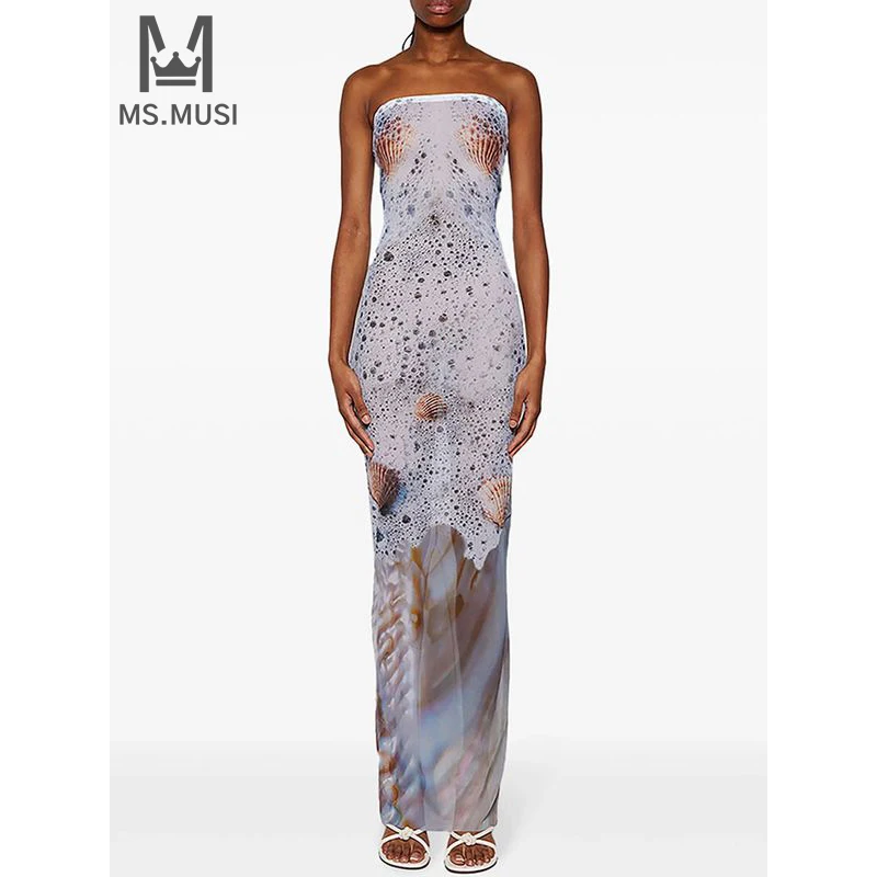 

MSMUSI 2024 New Fashion Women Sexy Strapless Floral Printing Sleeveless Backless Bodycon Party Club Event Slim Maxi Dress Gown