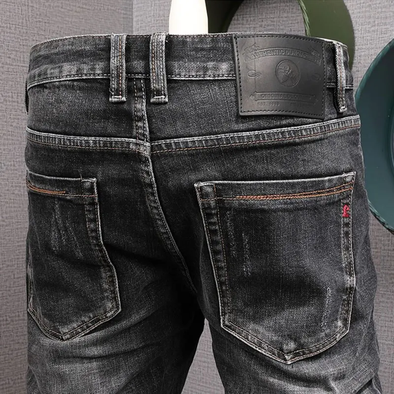 Italian Style Fashion Men Jeans High Quality Retro Black Gray Stretch Slim Fit Ripped Jeans Men Vintage Designer Denim Pants