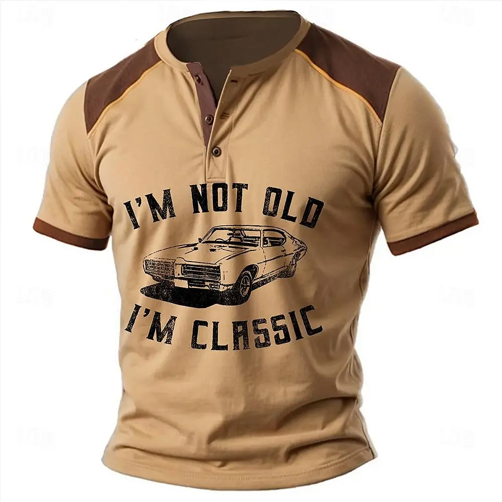 

Vintage Car Graphic Men's Henley T-Shirt Summer Outdoor Racing Sports Henry Shirts For Men Loose Button-Down Quick Dry Male Tops