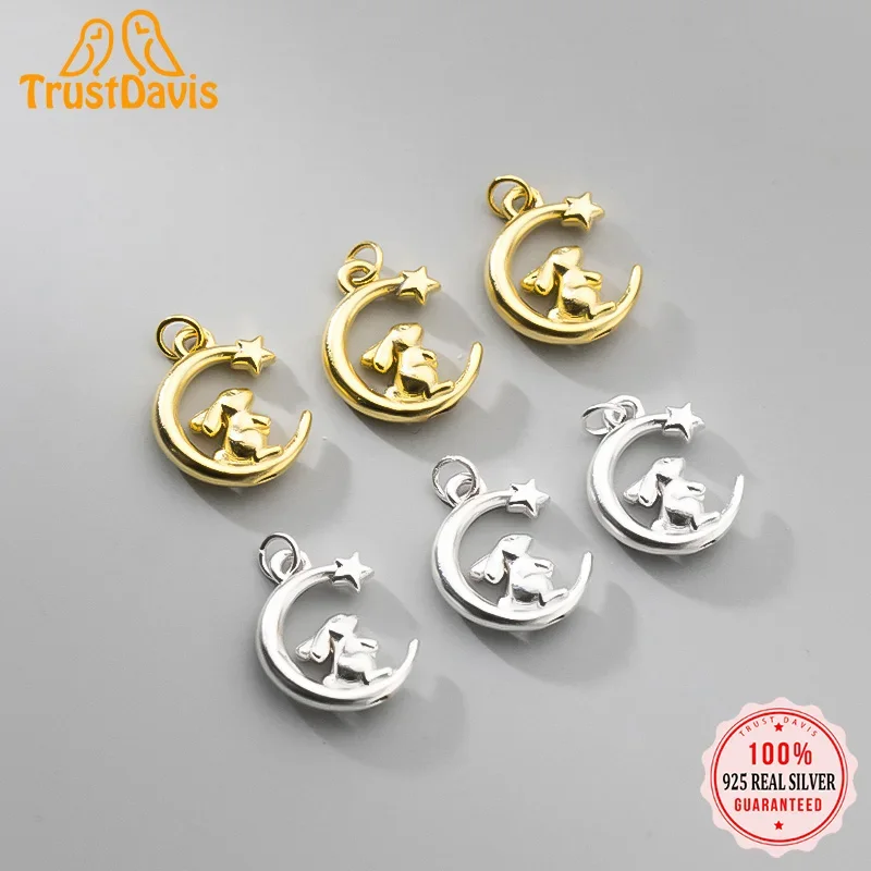 TrustDavis Echt 925 Sterling Silber Süße Kaninchen Mond Charme Anhänger Handgemachte DIY Fit Halskette Armband Zubehör Schmuck DZ747