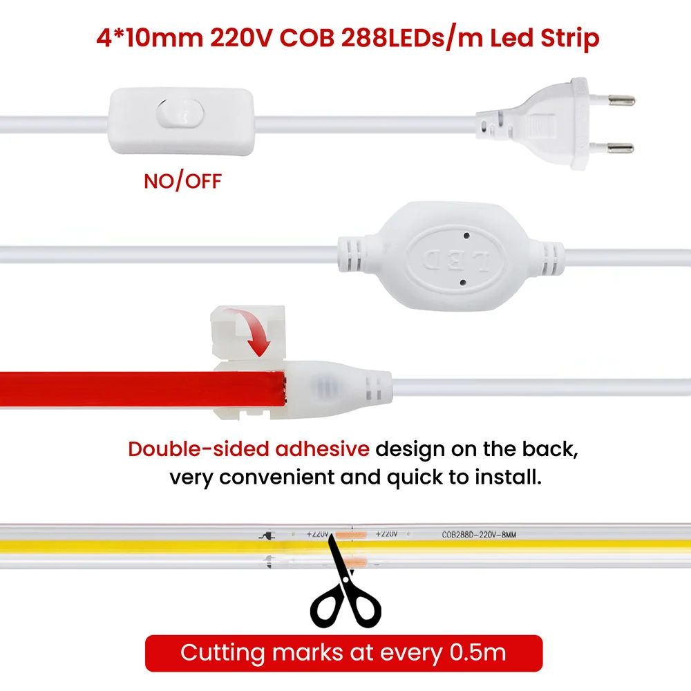 220V Switch Dimmer COB LED Strip Light Power Kit Dimmable 288LEDs 3000K 4000K 6000K Flexible Adhesive Tape RA90 Linear Lighting