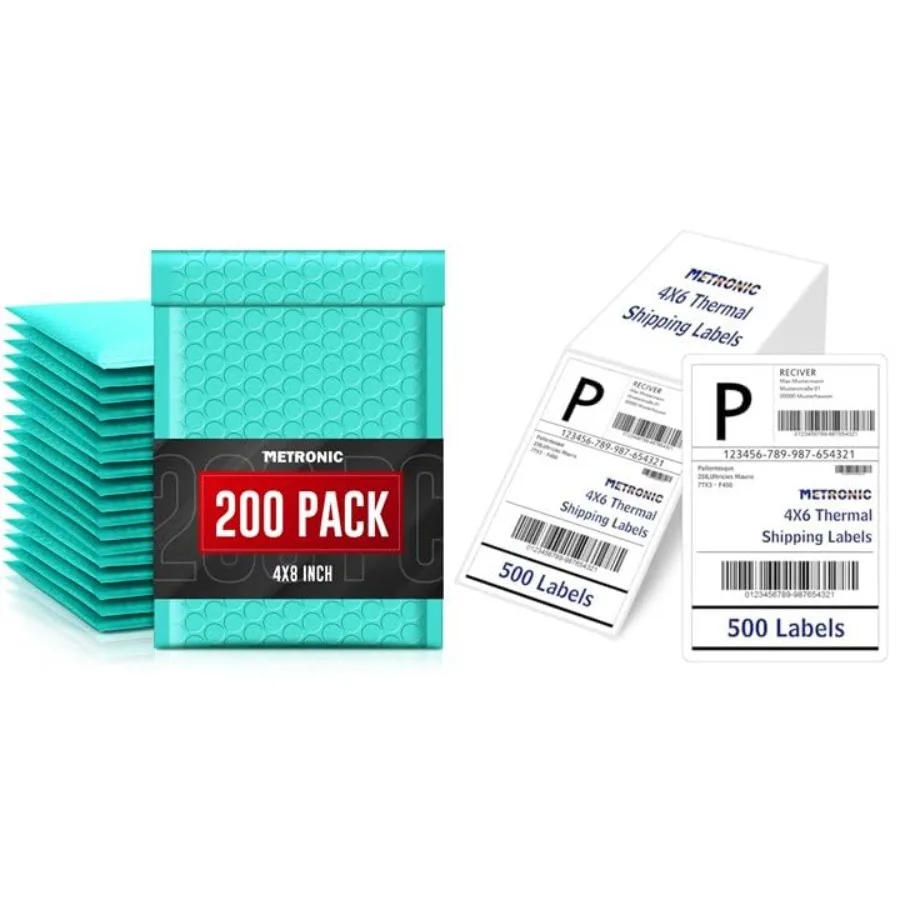 

Почтовые пакеты с пузырчатой пленкой бирюзового цвета 4x8 дюймов, 200 шт. и термоэтикетки в виде веера 4x6 дюймов, 500 шт.