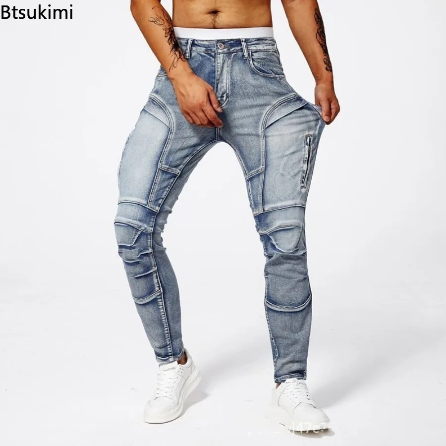

2025 New Men's Leisure Motorcycle Jeans Outdoor Riding Off-road Slim Pencil Pants Multiple Pockets Zipper Design Men Denim Pants