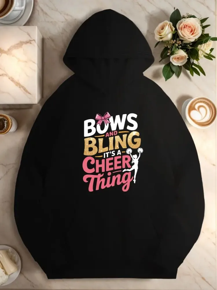 

Bows Cheer Women's Plus Size Hoodie Vibrant Green Geometric Print With Bows Bling 's A Cheer Thing Slogan Winter Comfort Apparel