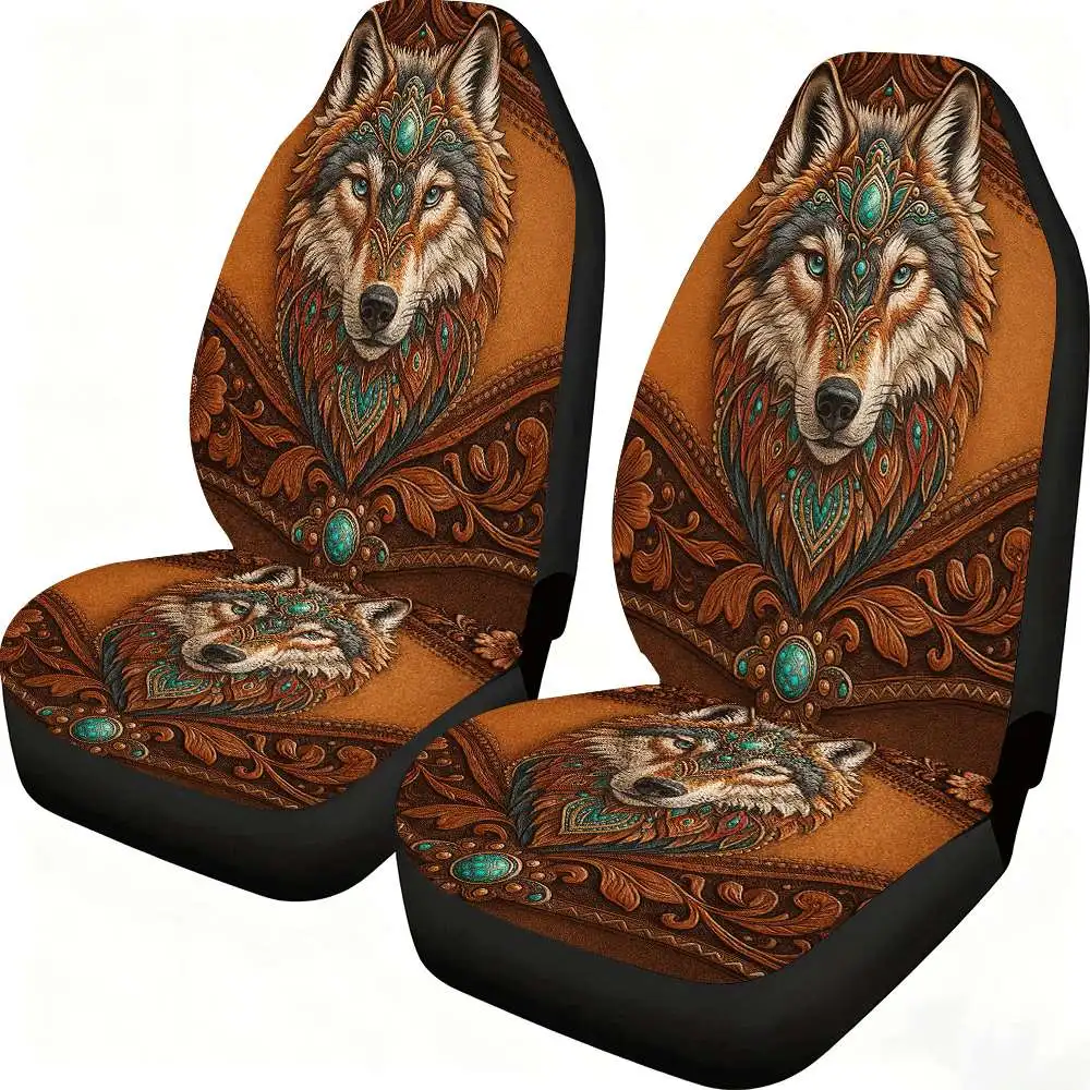 

2pcs Ornate Wolf Car Seat Covers - High-Back Design With Intricate Wolf & Turquoise Accents, Durable Polyester, Fit For Cars, SU