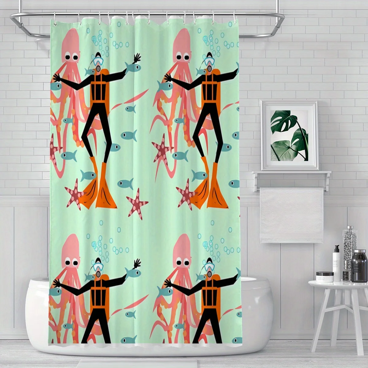 Funny Scuba Diver Shower Curtain, Cute Octopus Fish Ocean Waterproof Bath Curtain, Kids Cartoon Bathroom Decor Art