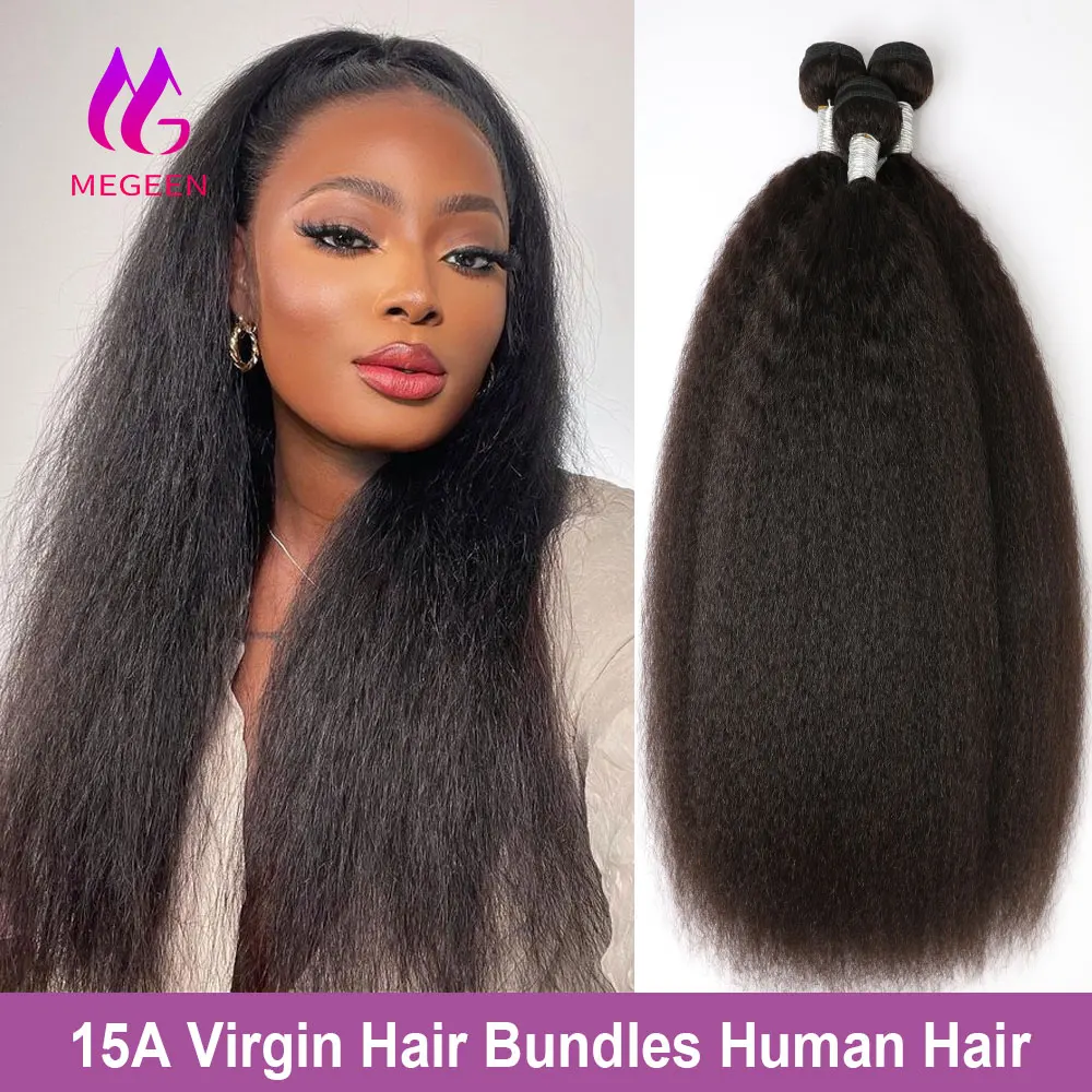 

Megeen 15A 100% человеческие волосы, искусственные перуанские натуральные волосы, курчавые прямые Yaki, 30 32 дюйма, наращивание волос 1/3/4 шт.