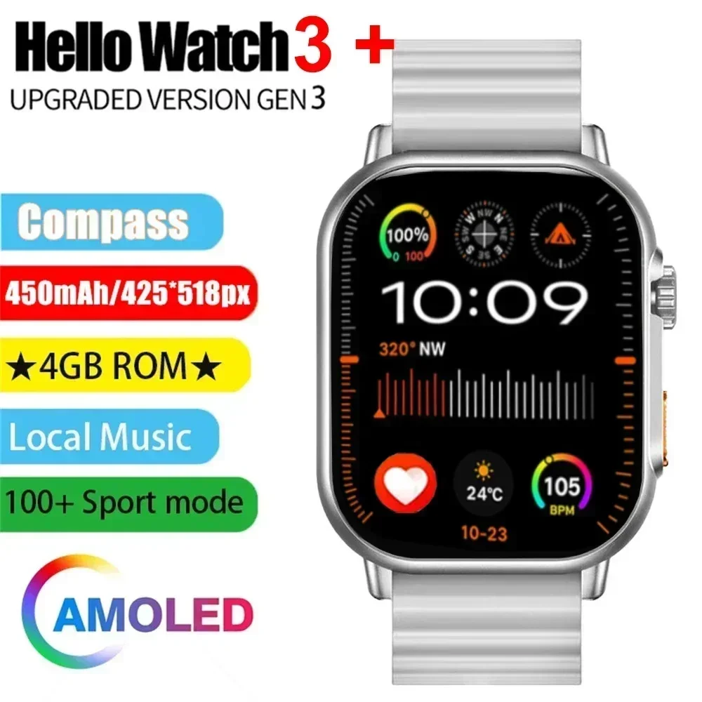 Hello Watch 3 Plus 남성용 스마트워치 AMOLED 2023 워치 9 Ultra ChatGPT NFC 스마트 워치, Ai Watch Face Compass PK HK9 Ultra 2, 4GB