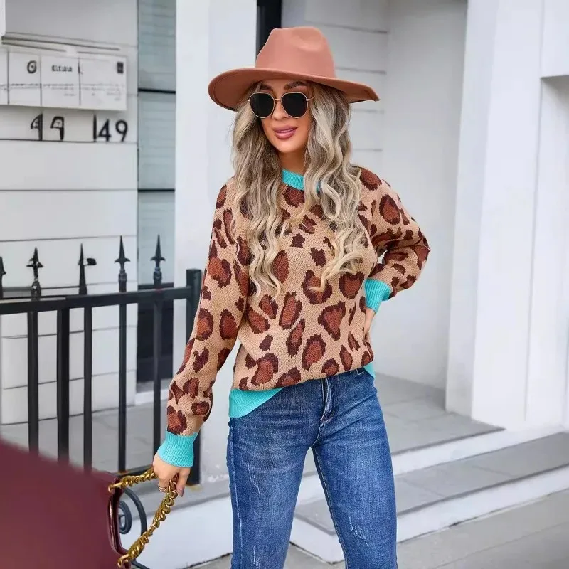 Casual Leopard Print Knitting Sweater Winter Women Pullovers 2024 New Korean Vintage Knit Sweater Pullover Casual Loose Jumper