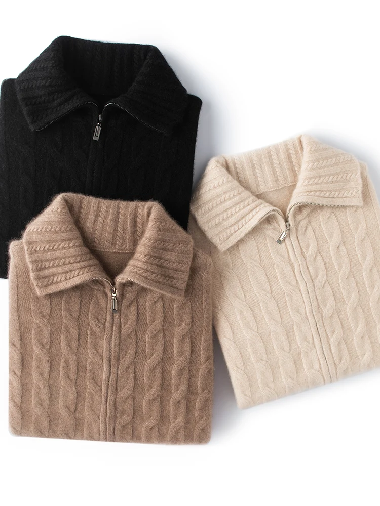 

Women's High-End 100% Pure Cashmere Cardigan Loose Thick Semi-High-Necked Zipper Sweater Knitted Autumn Winter Coat