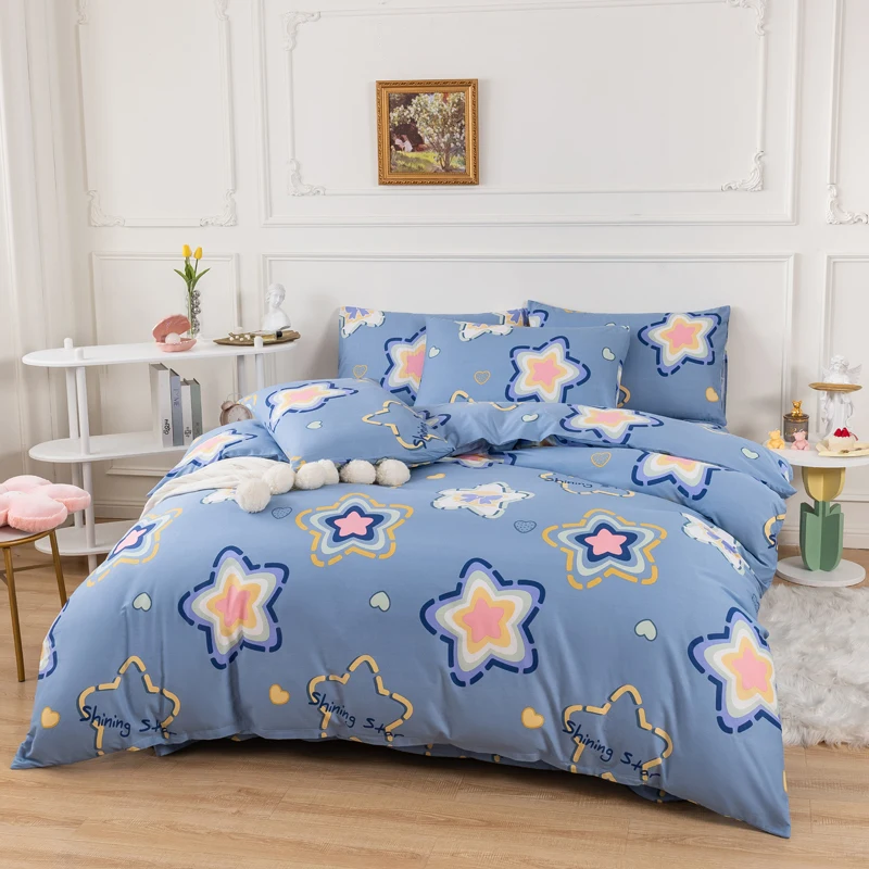 Kawaii Star Duvet Cover Cartoon Bedding Set Cotton Reversible Comforter Cover with 2 Pillowcase Romantic Love Heart Quilt Cover