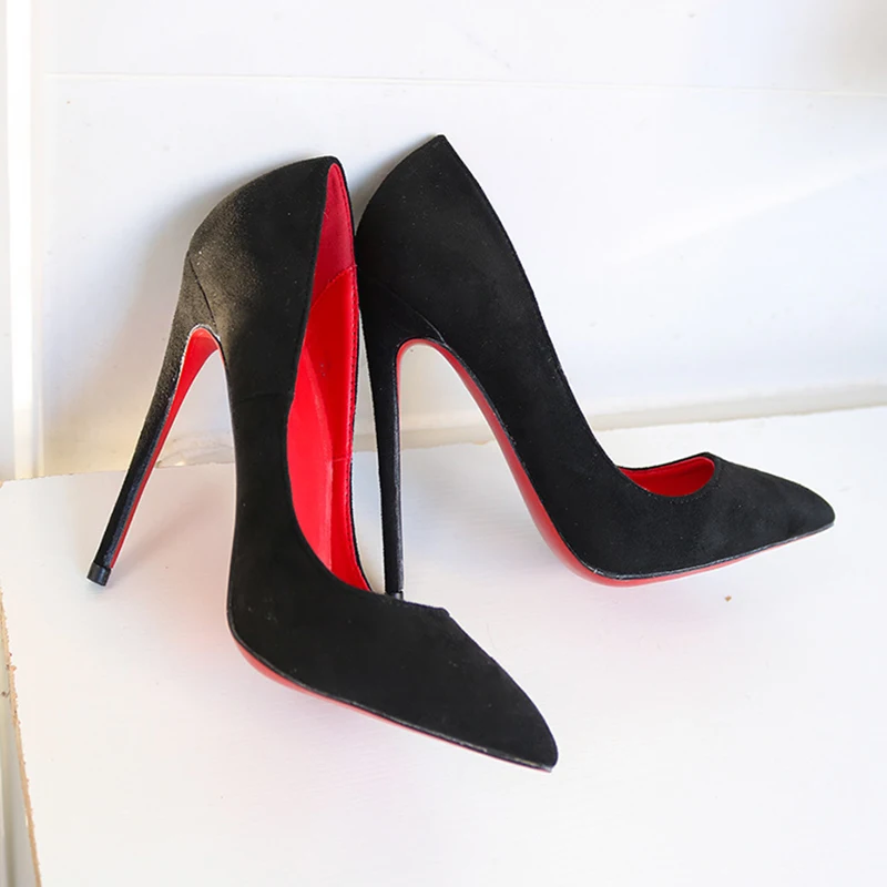 Veowalk personalizza Black Flock Women Sexy Red Pointy Toe scarpe con tacco alto elegante OL Lady Work Stiletto Party Pumps 8cm 10cm 12cm