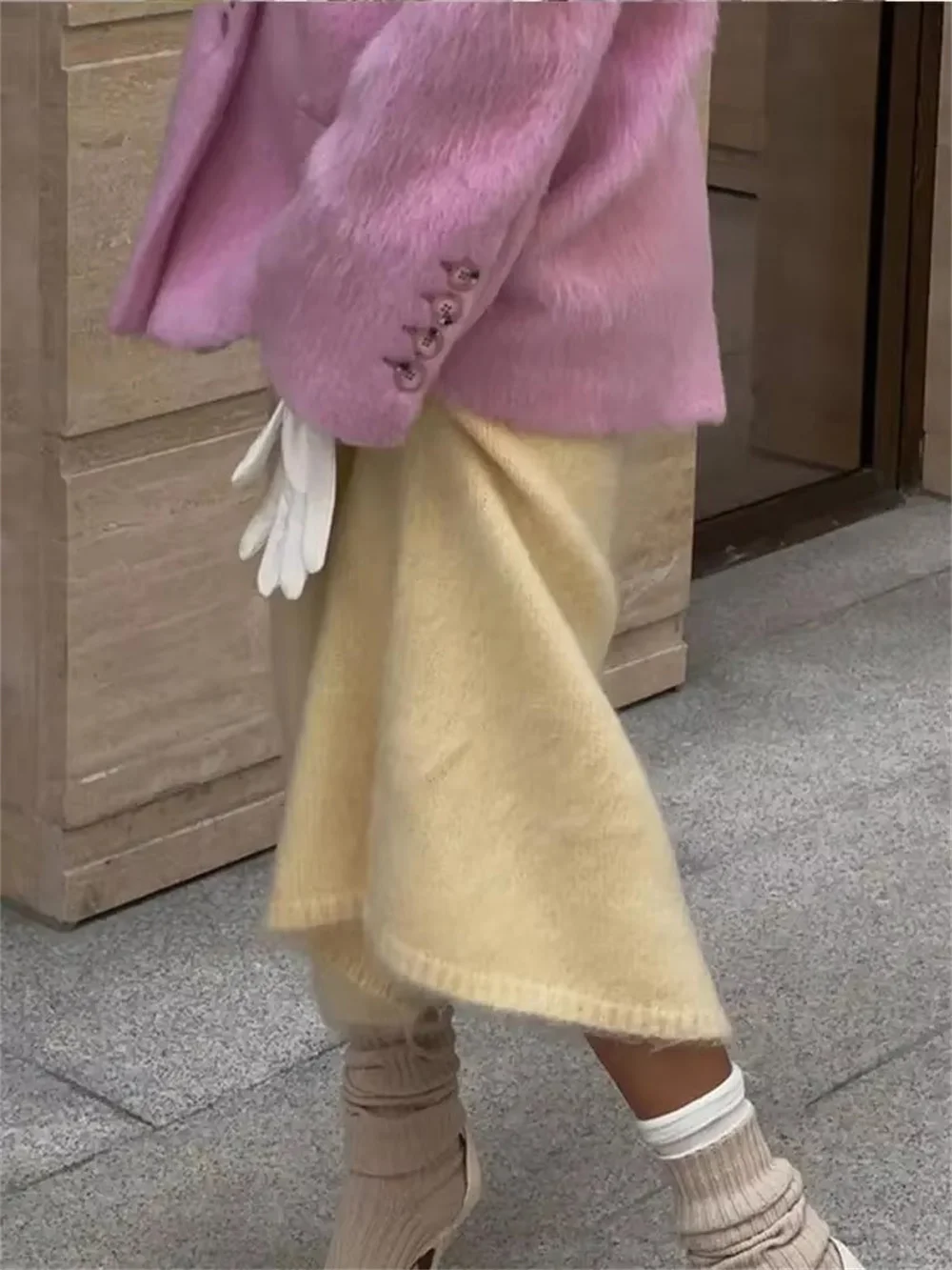 

Fashion Pink Lapel Long Sleeves Women Blazer Jacket Warm Thick Single Breasted Loose Outwear Office Lady Commute Streetwear