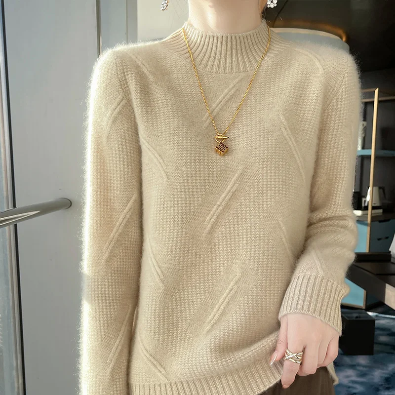 Autumn and winter new 100% pure wool women's semi-turtle neck thickened fashion Joker solid color knitted cashmere sweater.