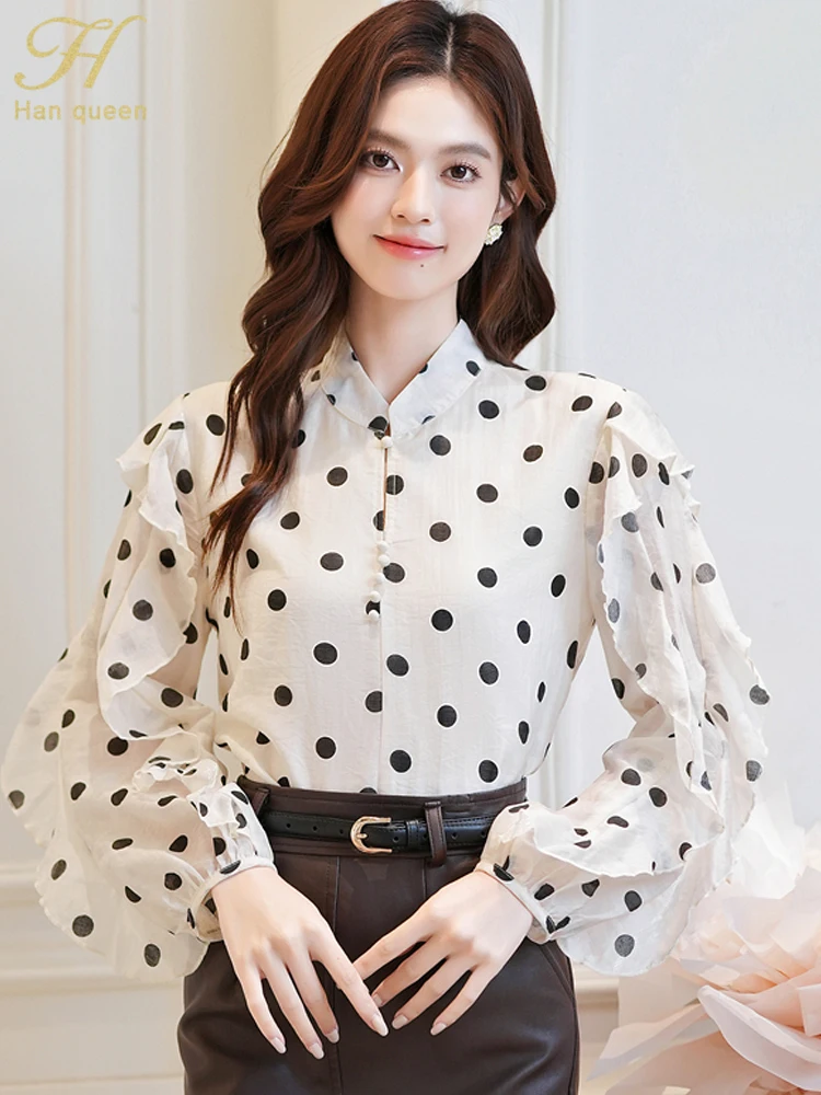 

H Han Queen Women Blouses Office Work Loose D Vintage Tops Korean Reviews Clothes New Autumn Long Sleeve Shirts Woman Clothes