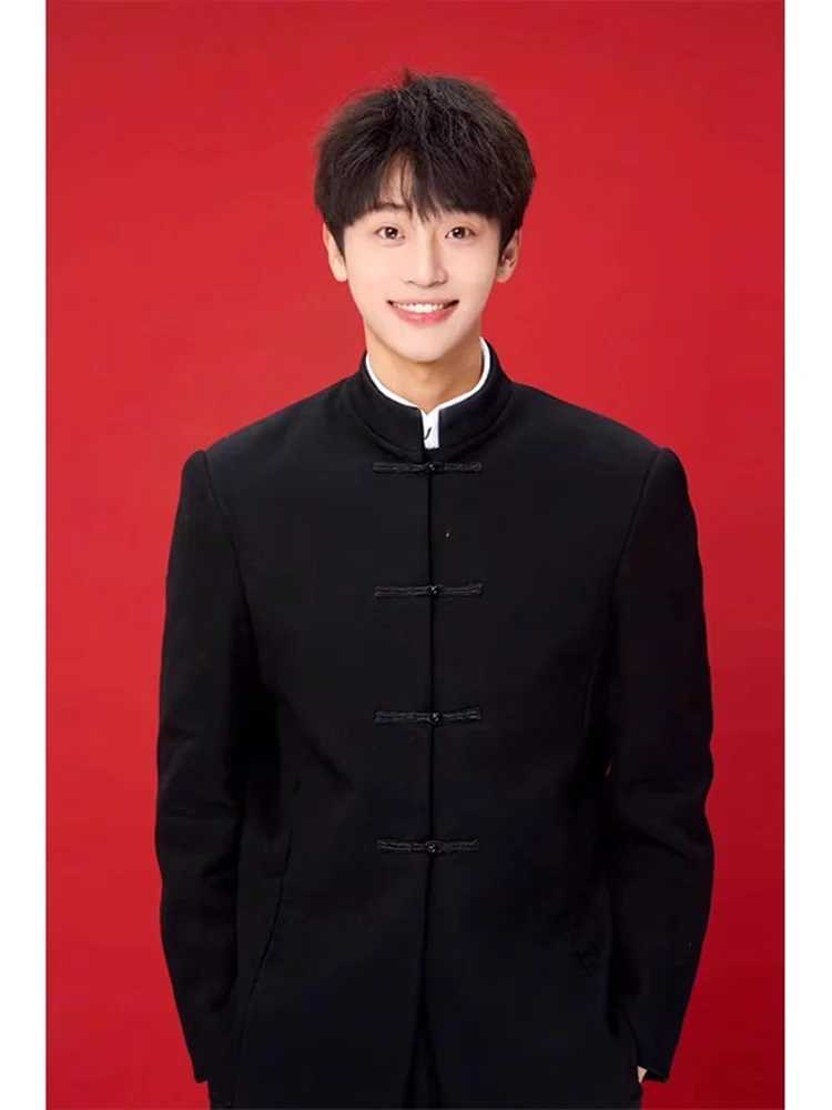 

New Chinese Style Men's Suit with Button up Collar Wedding Engagement Western Wear Long Sleeve Standard Fit Casual Leisure