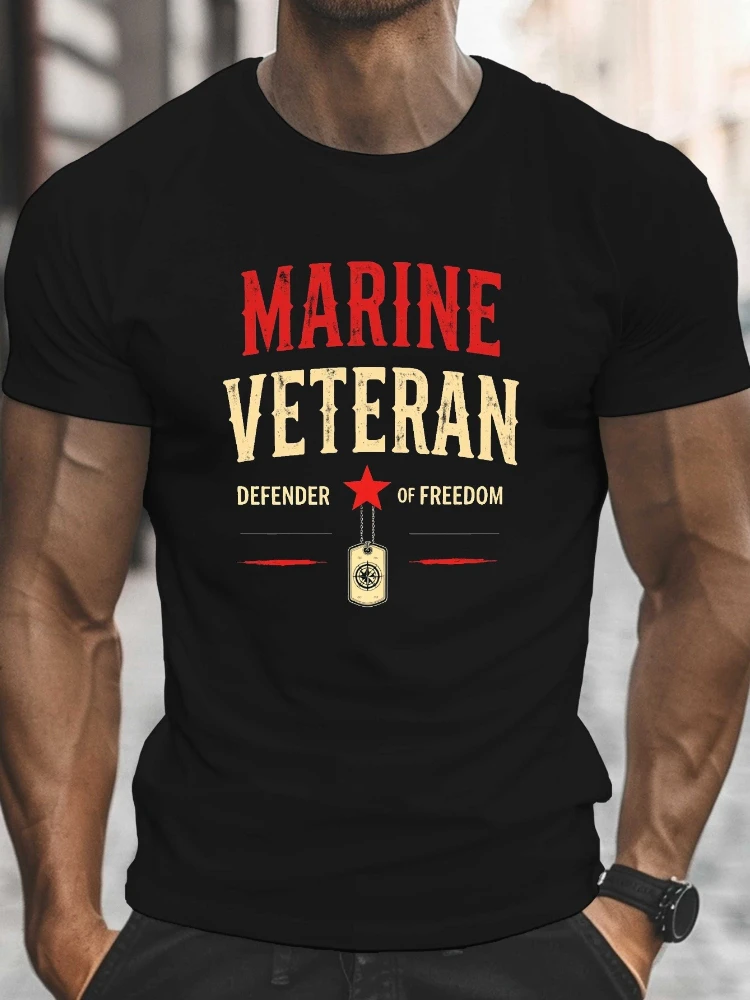 Marine Veteran Defender of Freedom with Marine Corps Insignia design-100% cotton O-neck short sleeve printed men's T-shirt.