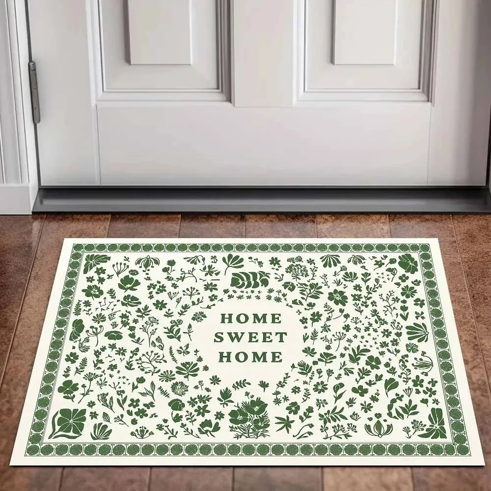Fresh Green Plant Flower Entryway Doormat Dark Green Line Plant Pattern Durable Cozy Home Decor Mat