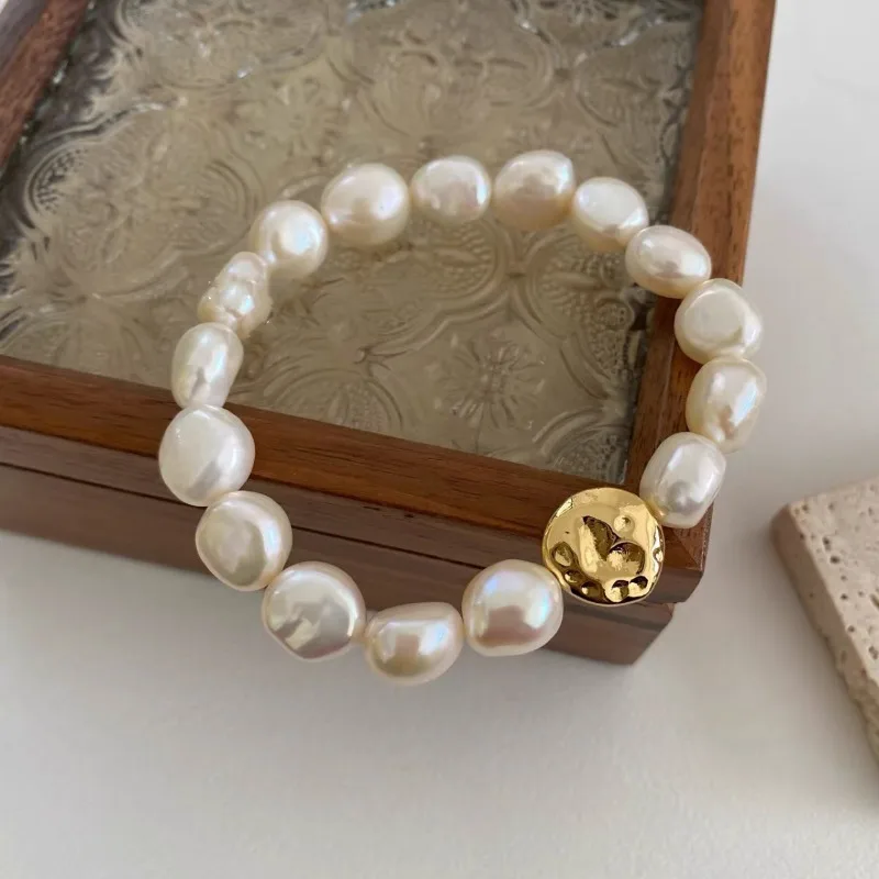 

Minar Delicate 8-9mm Irregular Genuine Freshwater Pearl Metal Beans Beaded Strand Bracelets for Women Real Gold Plated Copper