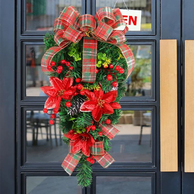 Christmas flower upside down tree classic red and green plaid wreath door hanging shopping mall hotel Christmas wreath wholesale