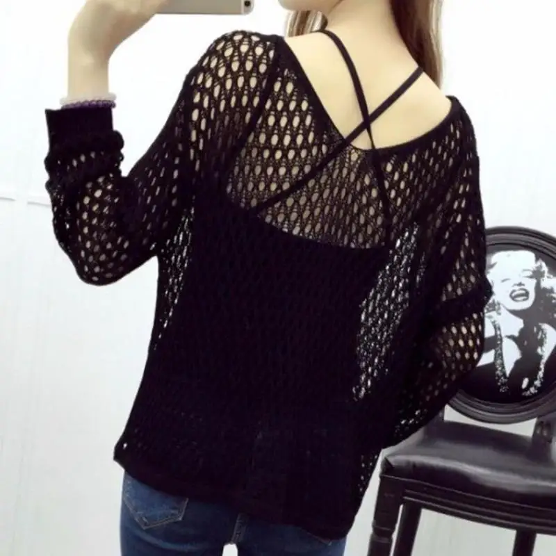 

Весенне-осенний корейский Sle, большой размер, полый вязаный длинный свековый тонкий женский свитер, пуловер с v-образным вырезом, утягивающий универсальный топ