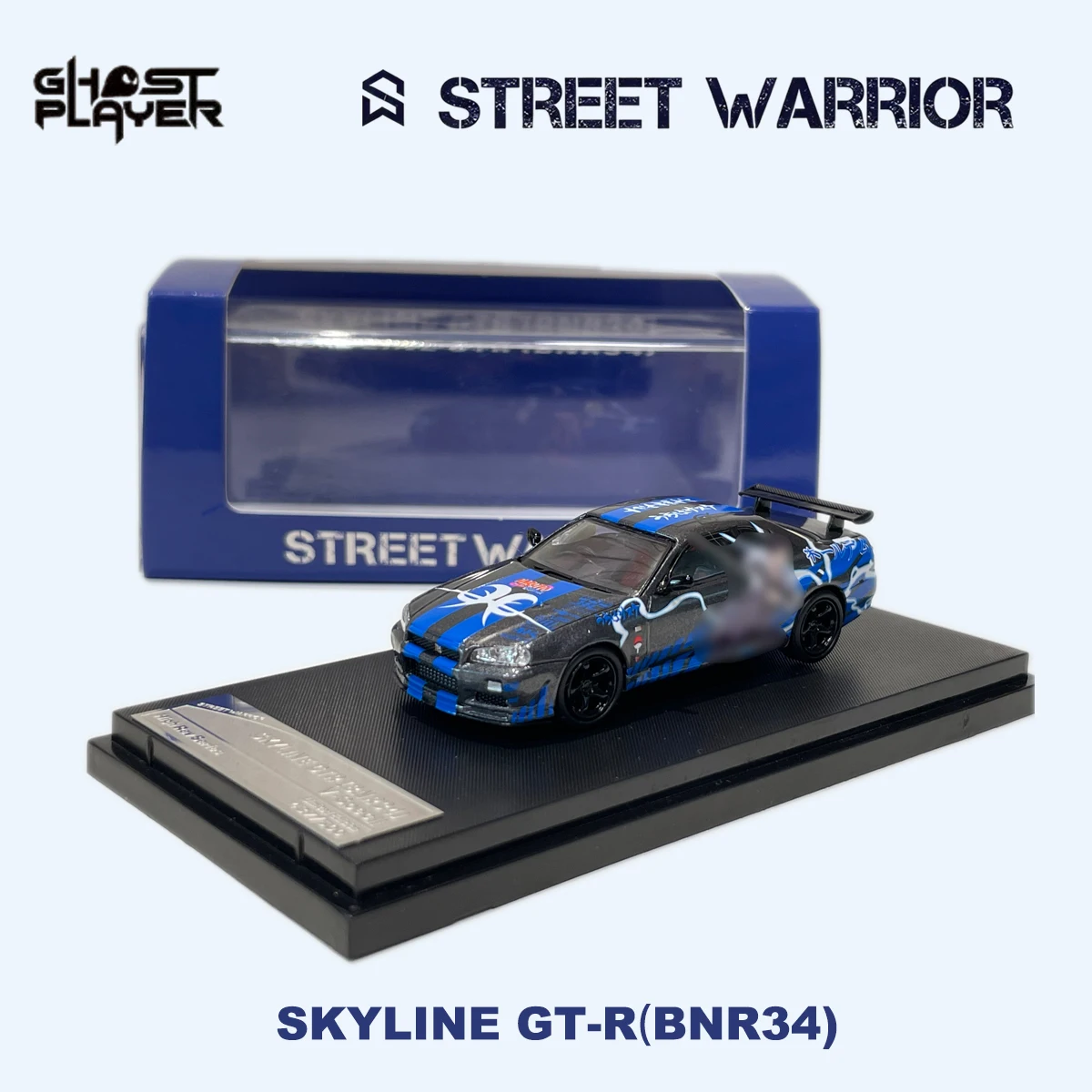 SW x Ghost Player 1:64 Skyline GT-R R34 Blue Hot Blood Anime Graffiti Livery JDM Tuner Diecast Model Car In Stock Ready To Ship