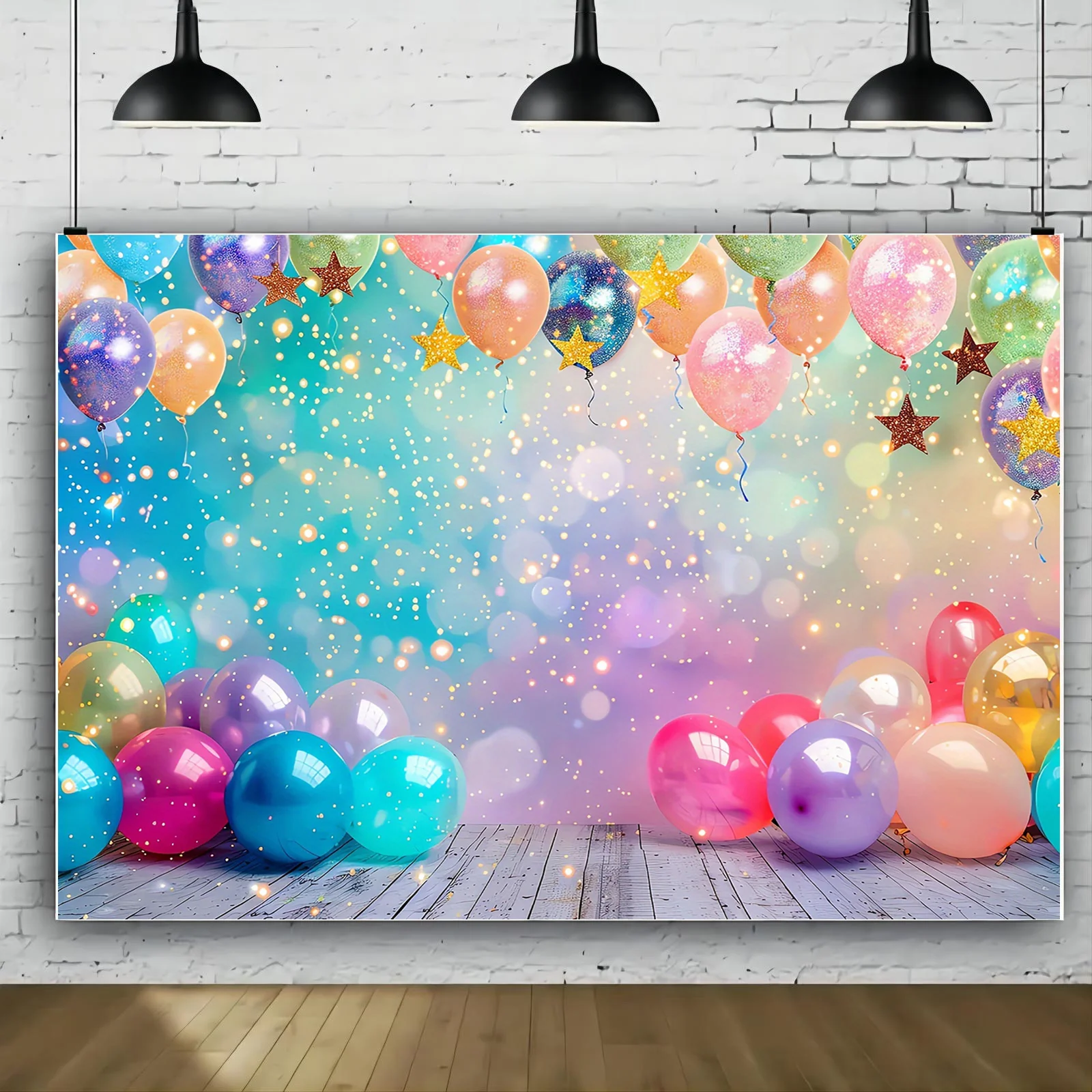 قطعة واحدة، مناسبة لجميع المناسبات كخلفية احتفالية - بالونات حية ونجوم لامعة