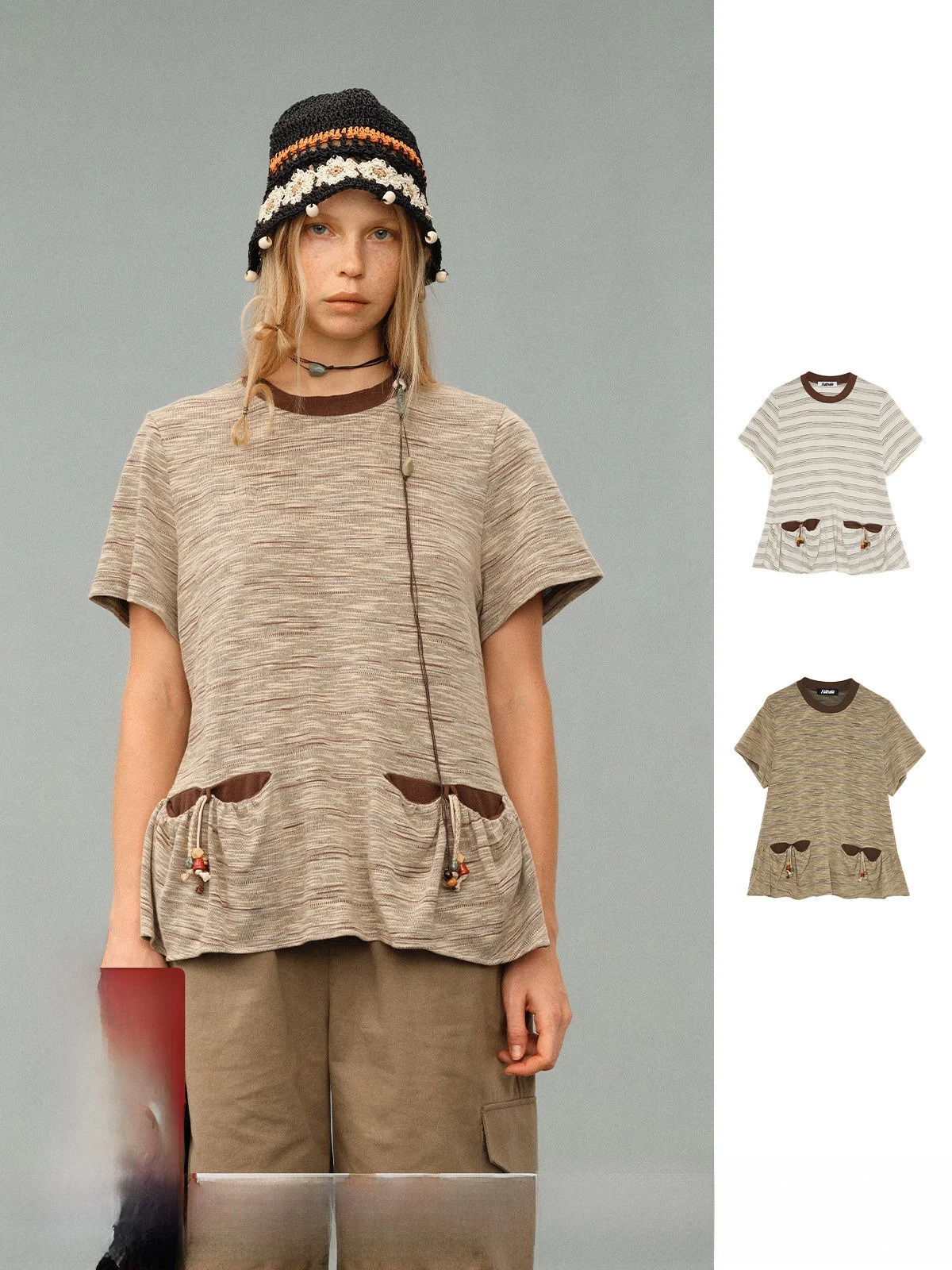 

Brand Pocket Decorated T-Shirt Casual Cotton Short Sleeve round Neck Pullover for Young Women Daily Wear AUBRUINO