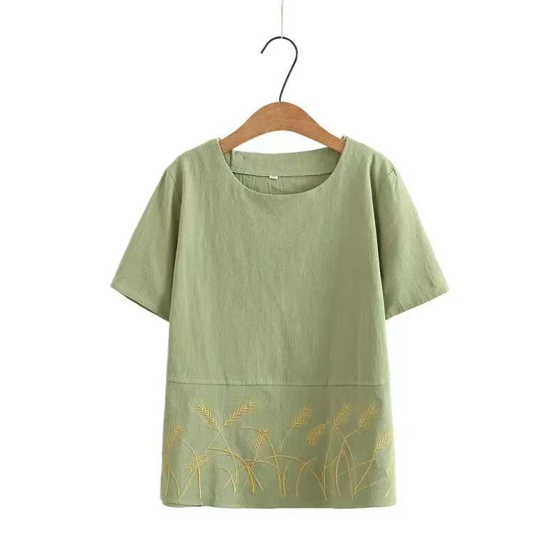 Womens Cotton Linen Two Piece Set Embroidered Short Sleeve Top And Pants For Mothers