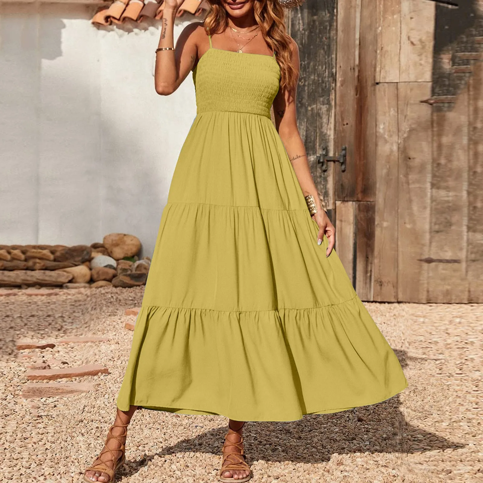 Women's Summer Dresses Spaghetti Strap Sleeveless Square Neck Ruffle A Line Swing Long Dress Solid Color Beach Casual Maxi Dress