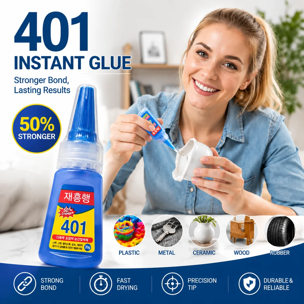 401 Super Glue Instant Strong Adhesive, Quick Drying Heavy Duty Industrial Bond Glue, Multi-Purpose Fast Curing Adhesive for Plastic Metal Wood Rubber Ceramic Leather, Precision Tip No-Drip Permanent Bond Glue for Home Repair DIY Craft Office 20g