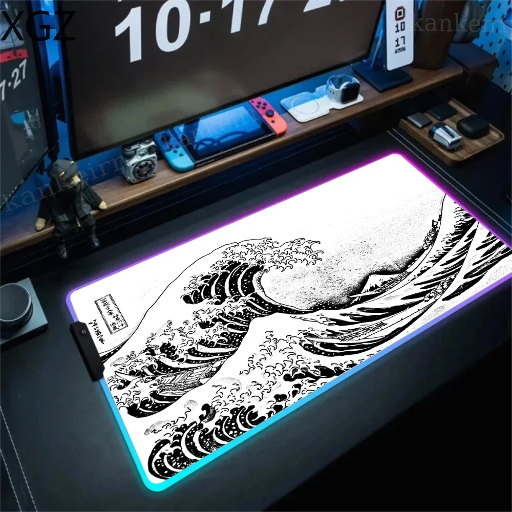 new Kanagawa Great Wave off large RGB gaming mouse pad with 12 LED light modes table pad suitable for e-sports players