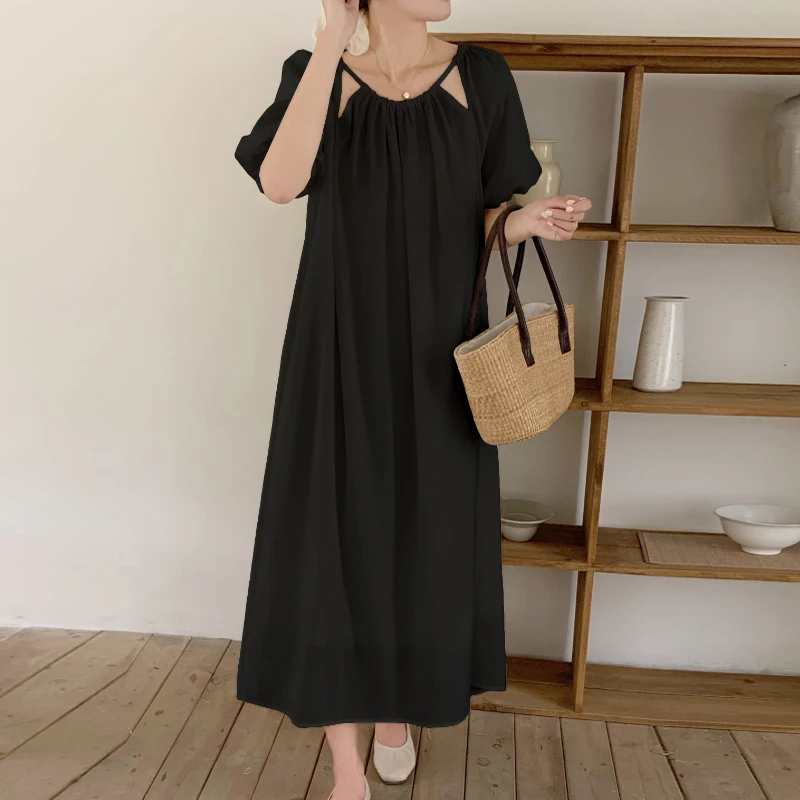 Chic Summer Lazy Sle Women's Loose Casual  Color Bubble Sve Dr Ne Hanging Hollow Design Korean Sle Long Dr