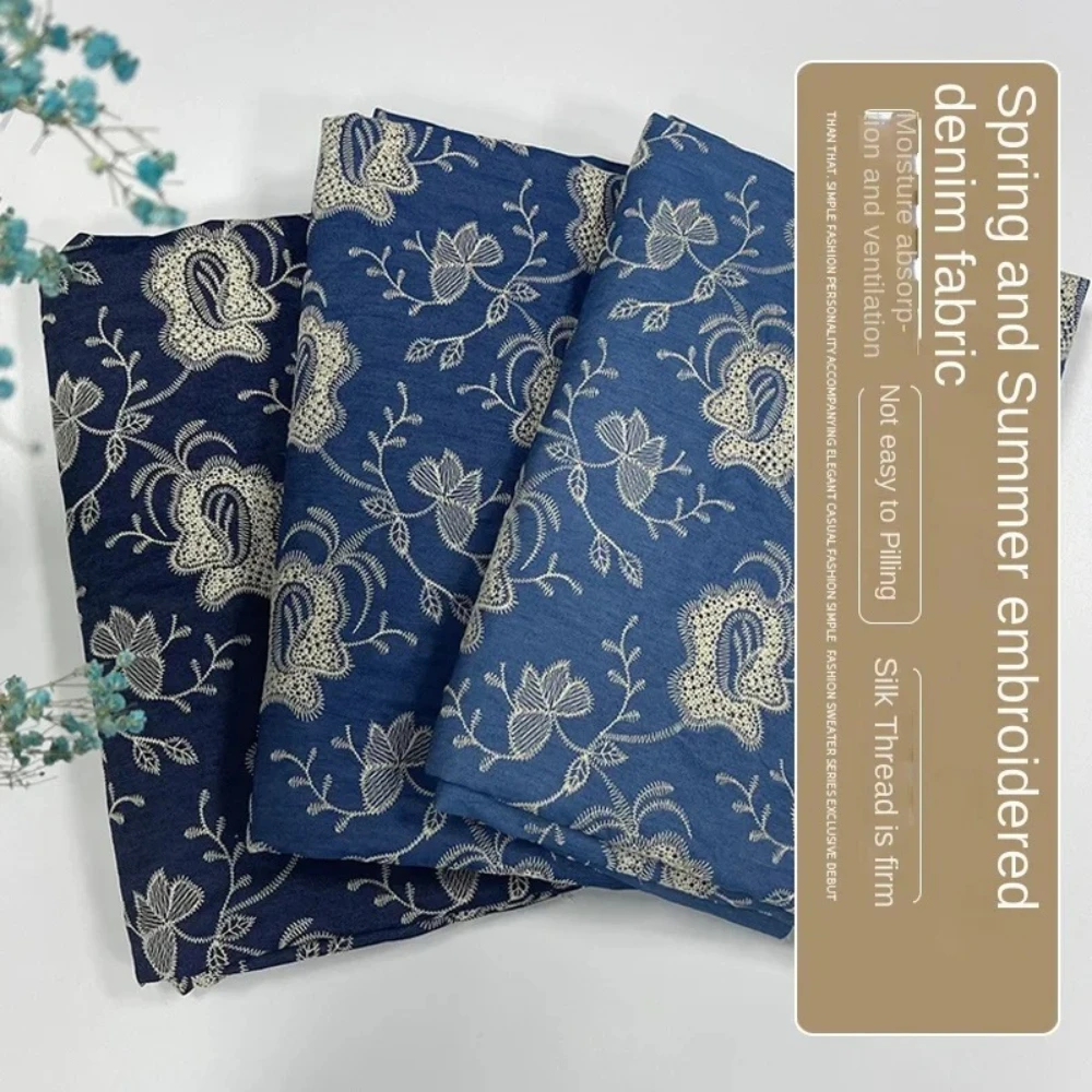 

Вышитая джинсовая ткань, тонкая хлопчатобумажная ткань, платье с цветочным принтом, рубашка, дизайнерская одежда для шитья, материал по метрам