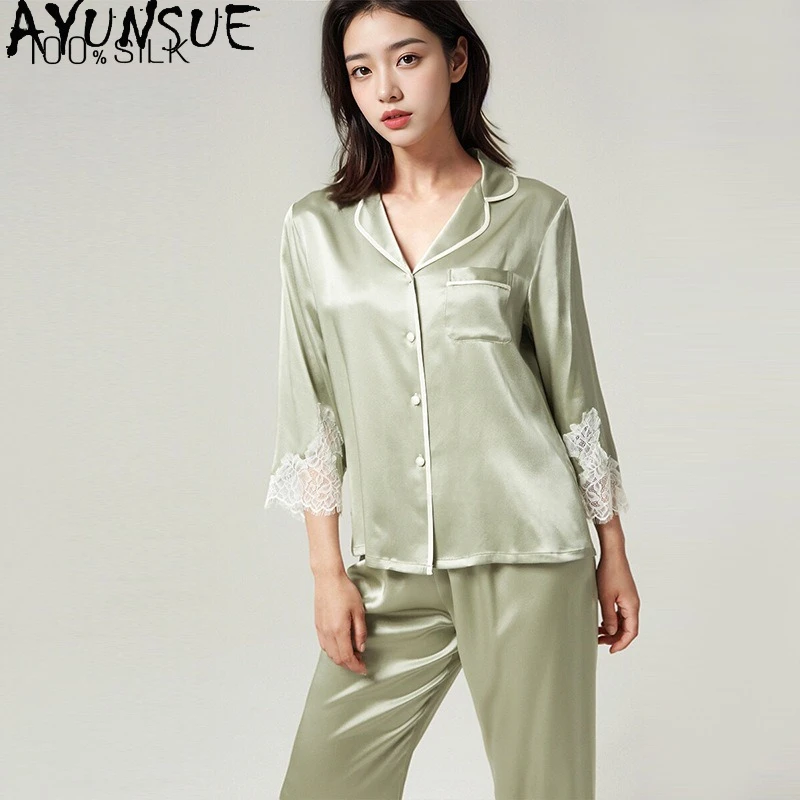 

AYUNSUE 19Mm 100% Mulberry Silk Sleepwear Women Spring Summer Clothes Pajama Set Half-Sleeve Top Long Pants Women's Home Clothes