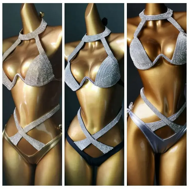 2022 New Bikini Manufacturer Direct Sales Diamond Swimwear Sexy High Waisted Nightclub Clothes Sequins Flash Bikini Bandage